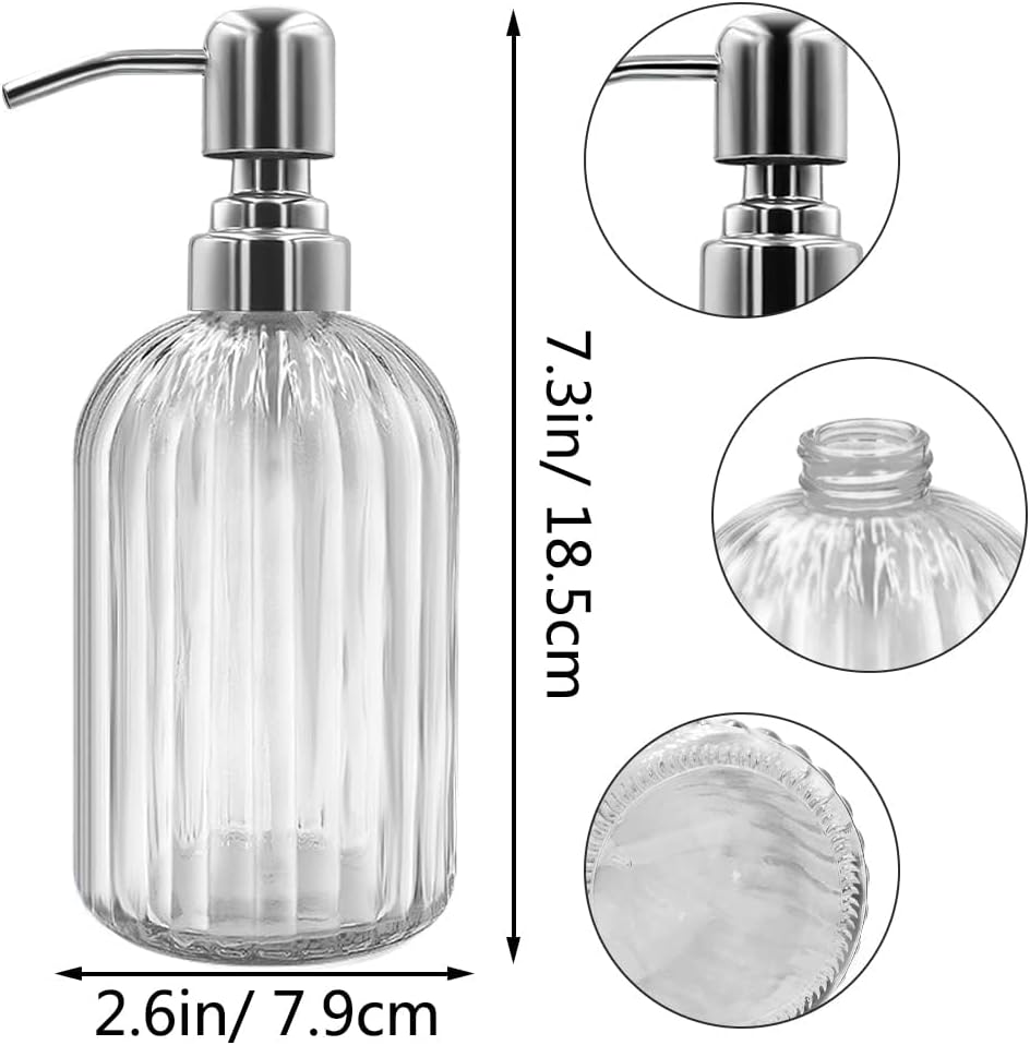 14 Oz Glass Soap Dispenser with 304 Rust Proof Stainless Steel Pump, Refillable Hand Liquid Soap Dispenser for Bathroom, Kitchen, Countertop, Laundry Room (White)