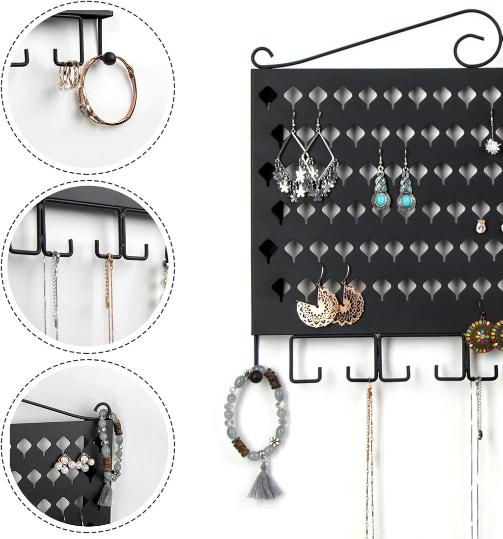 JackCubeDesign Wall Mounted Jewelry Organizer, Earring Necklace Bracelet Holder Display Hanger with 117 Holes & 12 Hooks (Black, 16.54 x 12.2 x 0.75 inches) - MK319A