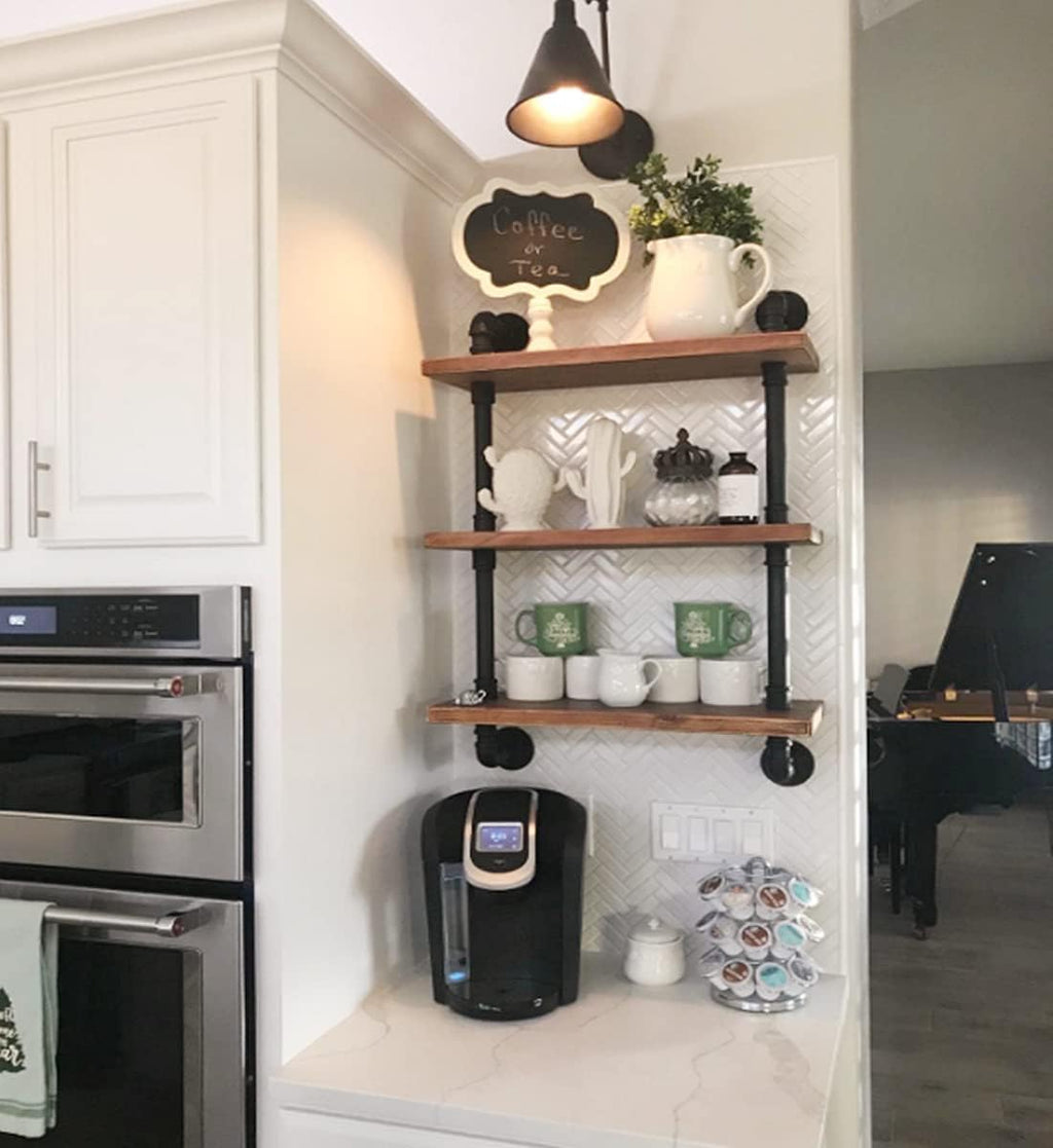 DR.IRON Industrial Pipe Shelves Wall Shelving Rustic Wood Shelf Storage Shelves 3 Tiers Wall Mount Pipe Design DIY Shelf Retro Wall Shelving (Black, 24" L)