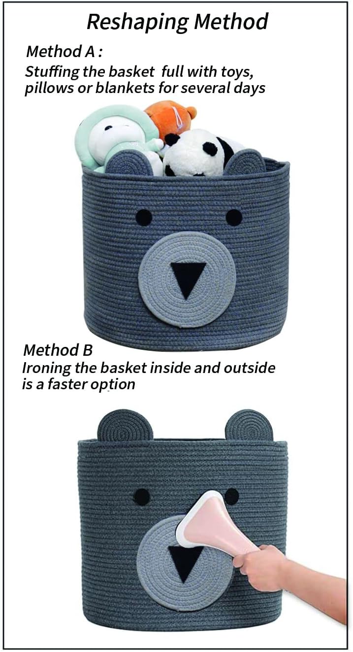 Foldable Woven Laundry Basket with Cute Bear Design - Large Capacity Decorative Organizer for Toys, Blanket, Towels, Clothes - White (16D x 14H inch)