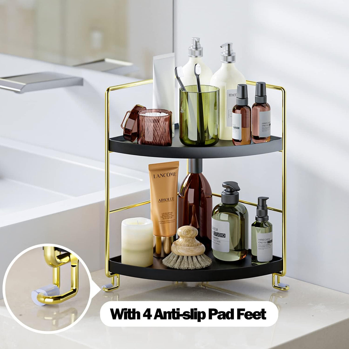 KINGNERWI 2-Tier Bathroom Counter Organizer, Vanity Corner Shelf, Black