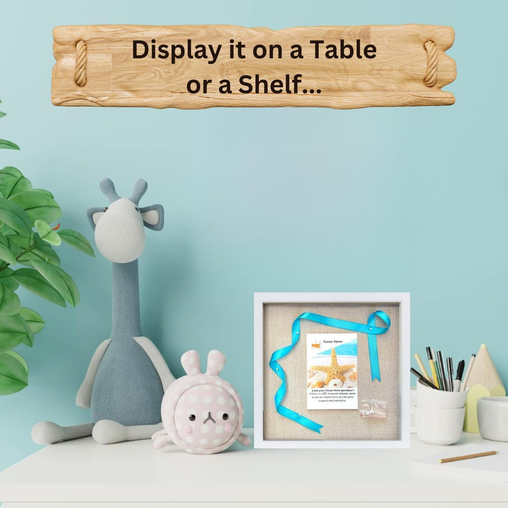Tasse Verre 10x10 White Display Shadow Box (1-Pack) Frame w/Linen Background and 8 Stick Pins - Ready to Hang Shadowbox Picture Frame - Box Display Baby Memorabilia Wedding