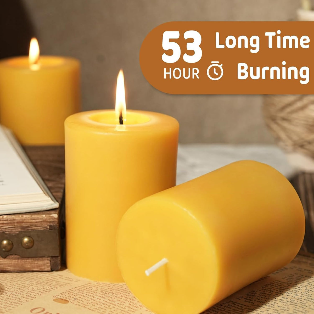 4 Pack Beeswax Pillar Candles, 2.8x4 inch Yellow Pillar Candle,53 Hours