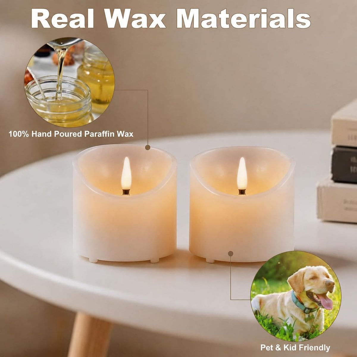 Flickering Flameless Candles, Real Wax Battery Operated Candles with Remote and Timer, 3"x 3" LED Fake Candles, Last 600+ Hours, Electric Battery Candles for Home Wedding Party Decor, 2 Pack