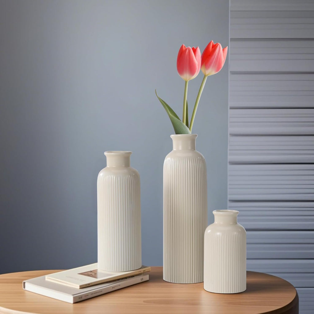 Small Beige Ceramic Vase Set of 3, Boho Modern Beige Flower Vase Room Decor, Farmhouse Decor, Vases for Your Kitchen, Bathroom, Bedroom, Living Room, Office&Shelf Centerpiece Table Decorations