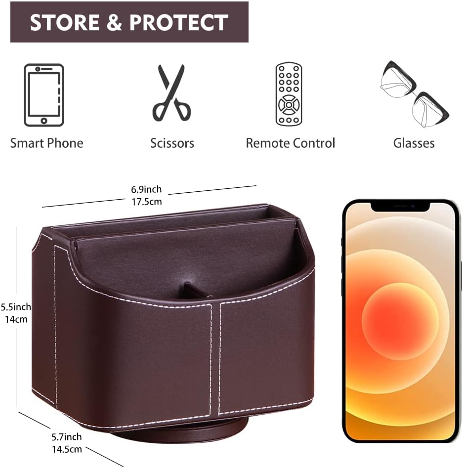 360° Rotating Remote Control Holder, PU Leather TV Remote Caddy, Pen Holder