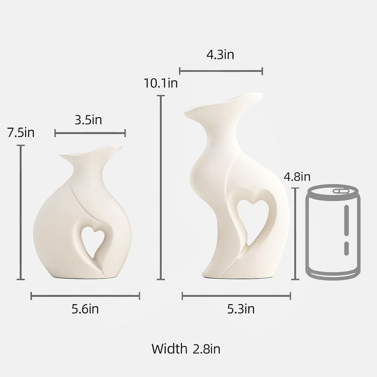 XL White Flower Vases, Nordic Heart Shaped Ceramic Set of 2