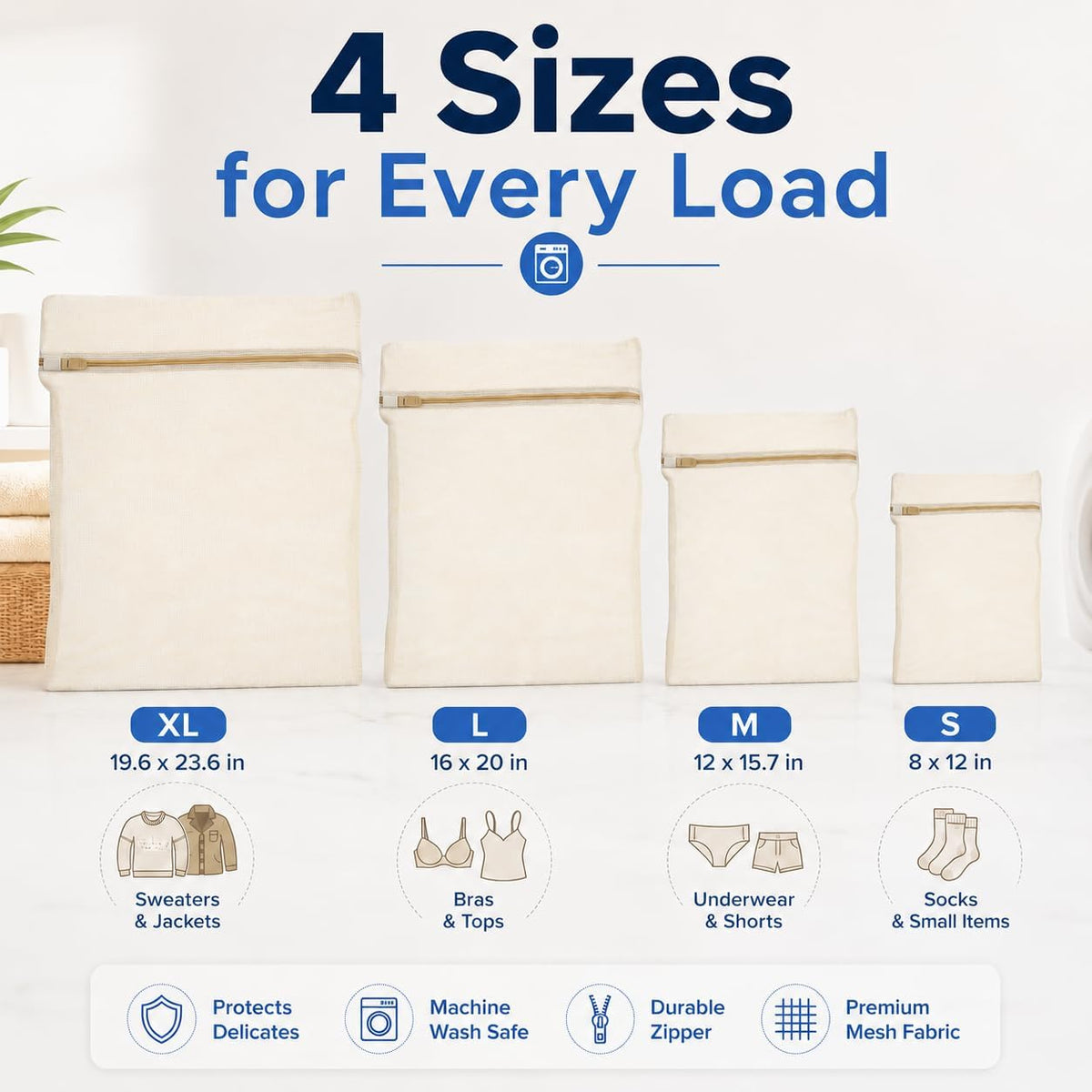 IMIKEYA Mesh Laundry Bags for Delicates, 4 Pack Cotton Zippered Wash Bags in 4 Sizes for Bras, Underwear, Socks, Sweaters, Baby Clothes, Travel and Dorm Organization