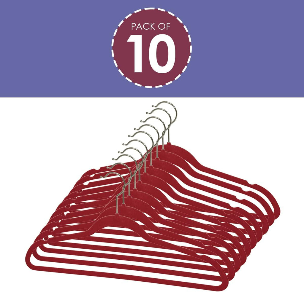 Velvet Clothes Hangers (Pack of 10), Burgundy, By Home Basics | Felt Hangers for Tops, Jackets, Dresses, and Pants | Contoured Hangers with Indents | Ultra-Thin Space Saving Clothes Hangers
