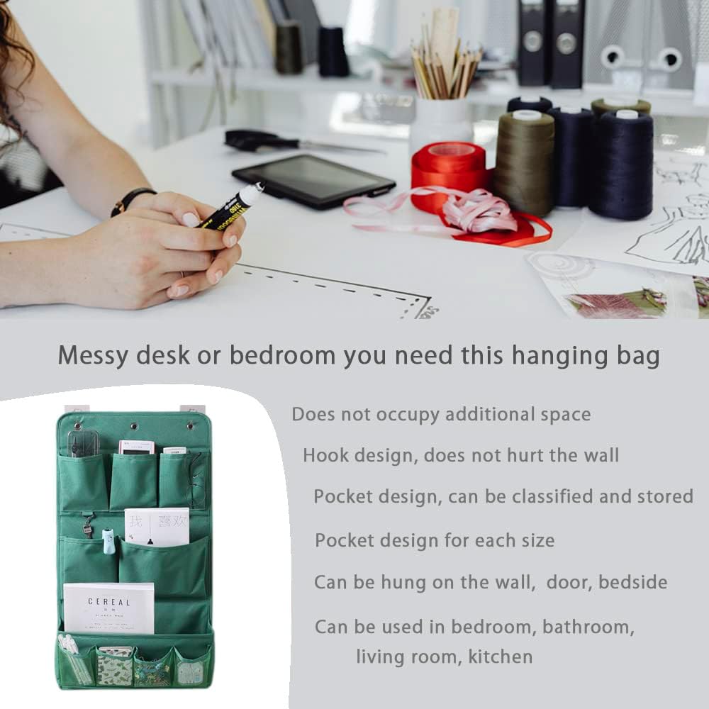 Hanging Organizer with Pockets – Wall & Door Storage Bag with 3 Sticky Hooks – Hanging Storage Organizer for Bathroom, Bedroom, Closet, Dorm, Washing Table (3Layer, Green)