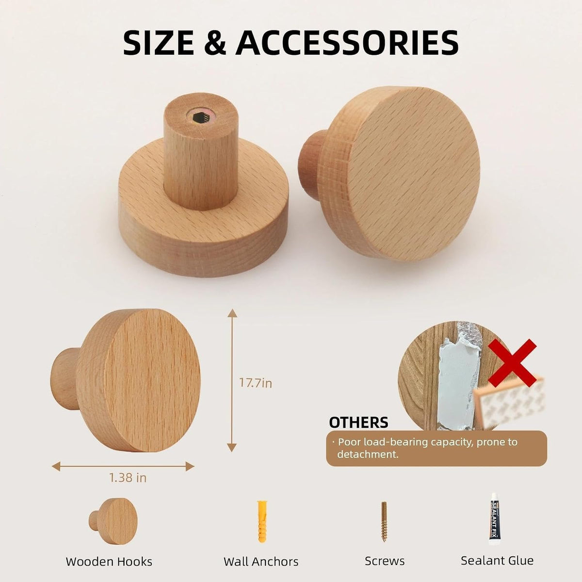 4 Pack Wood Wall Hooks Round Wooden Coat Hooks Adhesive Hooks Heavy Duty