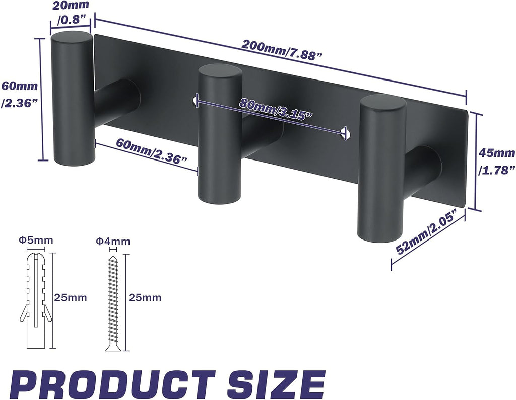 Alise Black Coat Hooks Hat and Coat Rack with 3 Hooks Wall Mount