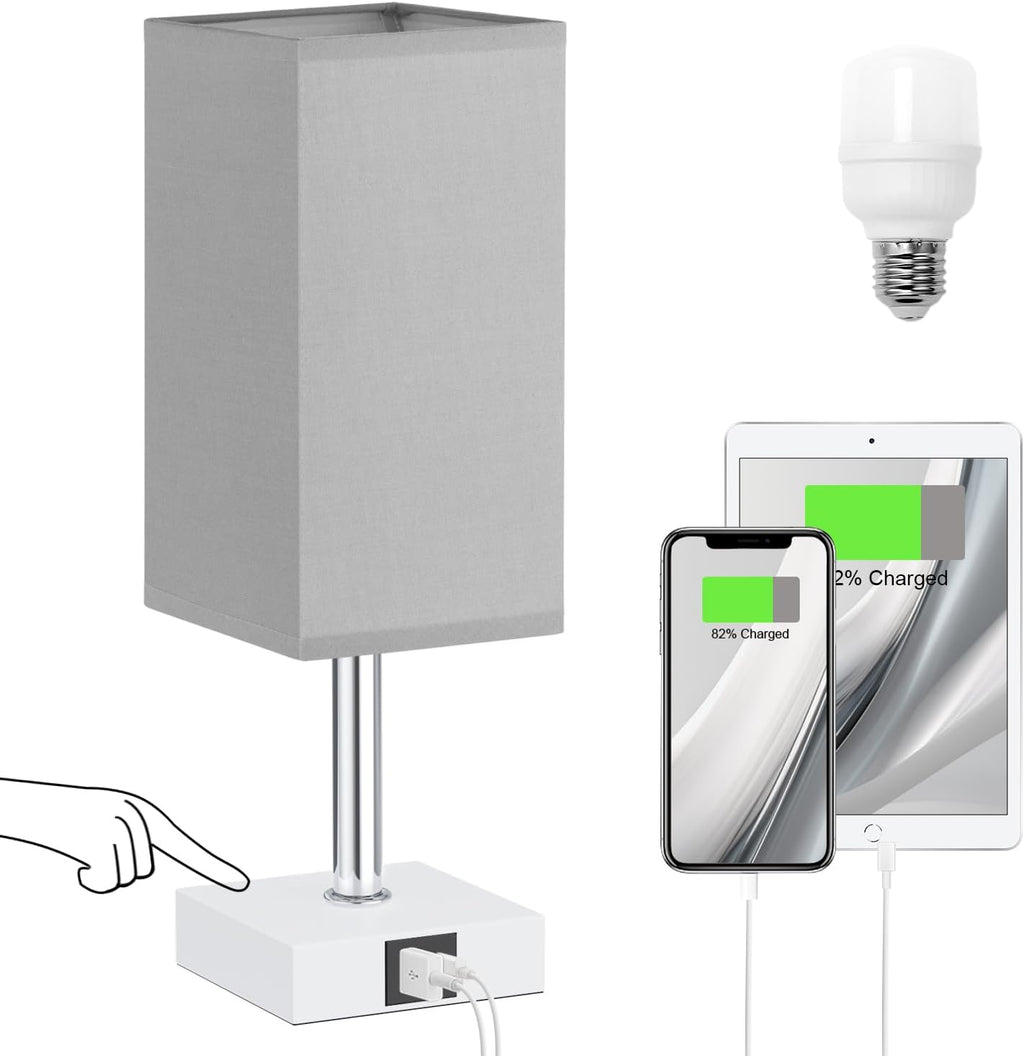 Touch Table Lamp for Bedroom - Dimmable, USB C+A, Grey Lamphade White Base