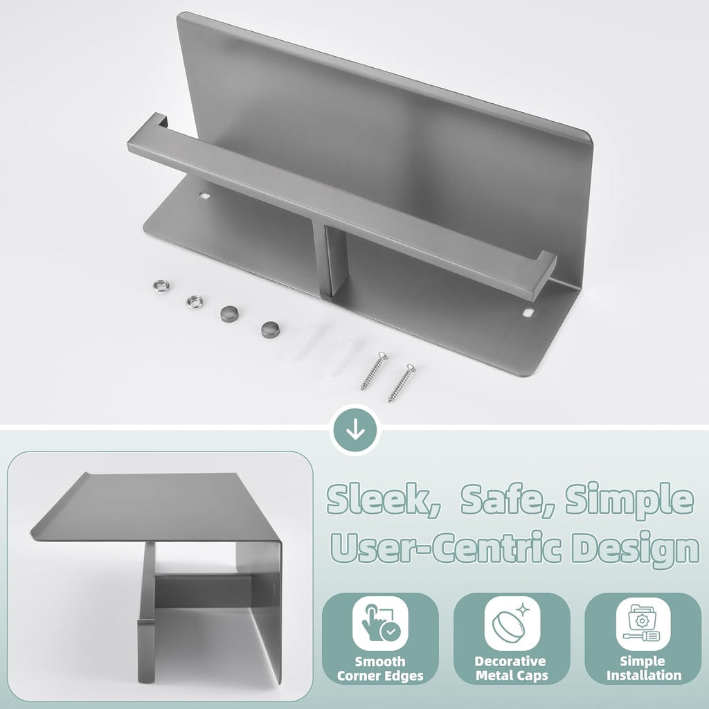 APLusee Double Toilet Paper Holder with Storage Phone Shelf, Gunmetal Gray