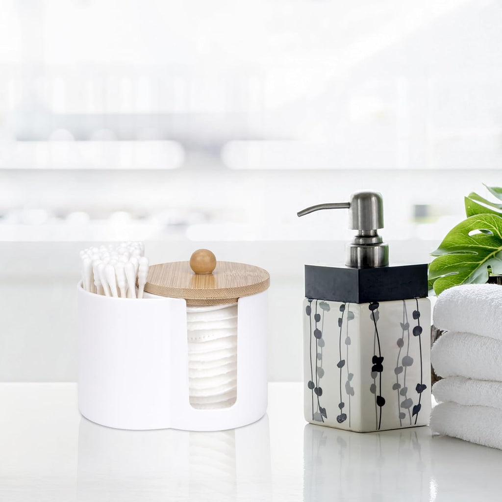 Adorila Compact Cotton Pad & Swab Holder with Bamboo Lid, White