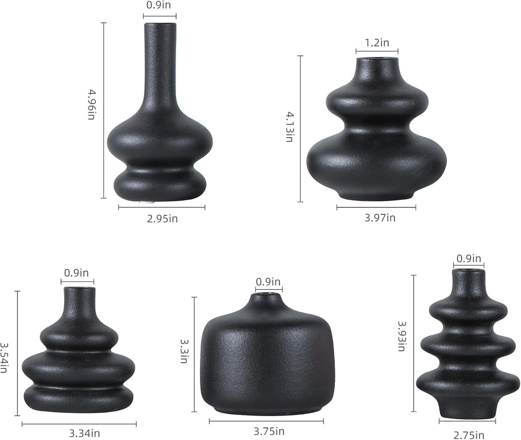 JOJUNO Black Bud Vases, Small Ceramic Vase Set of 5 Modern Home Decor