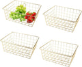 4pcs Wire Kitchen Storage Basket, Farmhouse Pantry Storage Basket Organizer Bins for Shelf, Countertop, Refrigerator, Freezer, Cabinet (Gold)