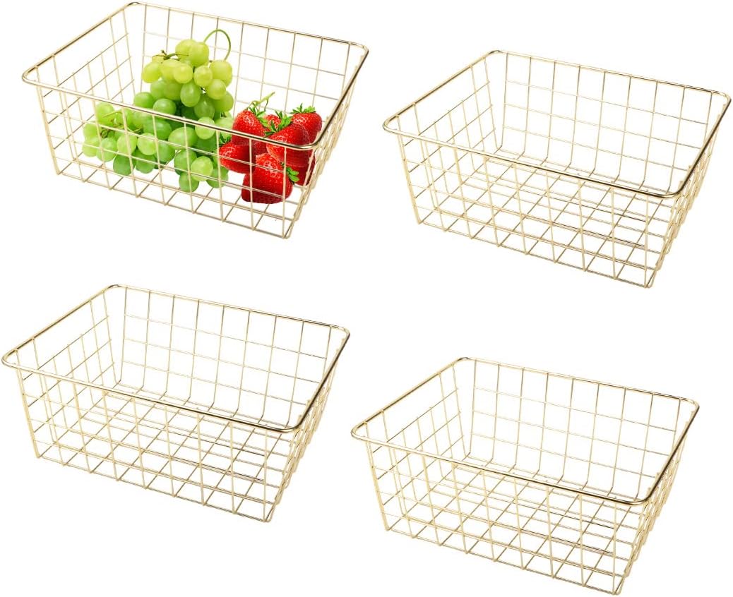 4pcs Wire Kitchen Storage Basket, Farmhouse Pantry Storage Basket Organizer Bins for Shelf, Countertop, Refrigerator, Freezer, Cabinet (Gold)