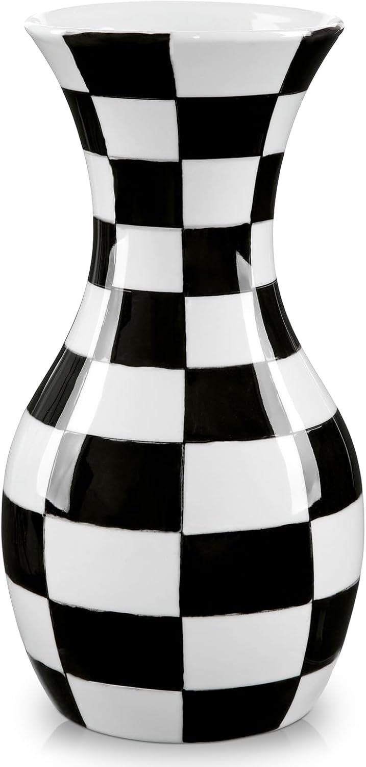 Black and White Ceramic Vase 11" Checkered Flower Vase with Wide Mouth
