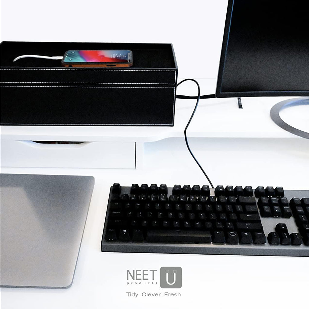 NEET Cable Management Box Large, Computer Cord Organizer, Hide and Conceal, Power Cable Organizer, Computers and Desks, Black Stitched Leather