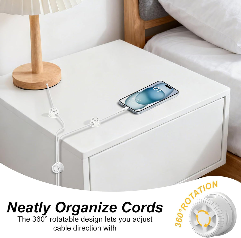 6Pack Cord Organizer Magnetic Cable Clips, 360° Rotation Cable Clips - Adjustable Cord Holder for Nightstand, Adhesive Cable Management Cord Clips, Cable Holder & Charger Organizer（White