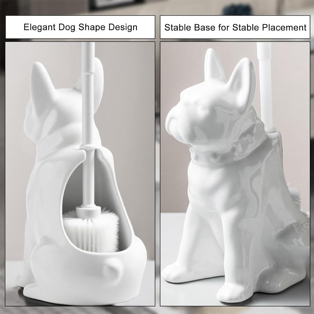 Comeon Ceramic Dog White Toilet Brush and Holder Set, Plastic Handle