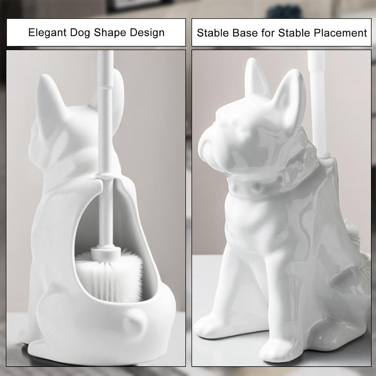 Comeon Ceramic Dog White Toilet Brush and Holder Set, Plastic Handle