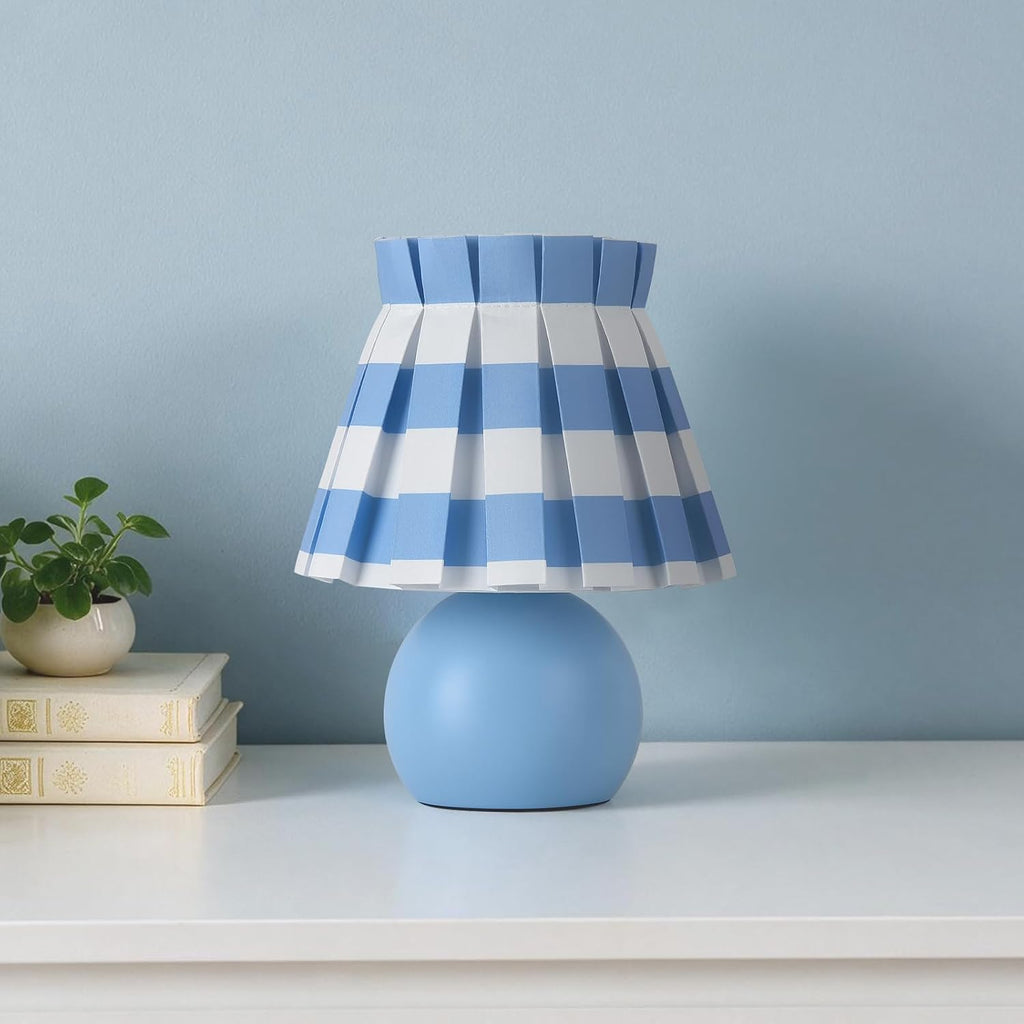 Ziqqeelam Blue White Plaid Small Bedside Table Lamp, Round Blue Base Nightstand Lamp, Cute Mini Table Lamp with Pleated Shade for Bedroom, Kitchen Counter, Bookshelf, Living Room, Kids Dorm