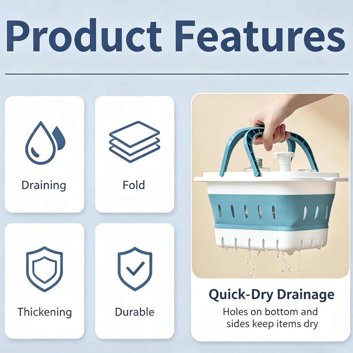 Portable Folding Plastic Bath Shower Caddy with Handle 2 Pack, Perforated, Collapse Travel Bathroom Organizer for Bedroom, College, Shower, Dorm Room, Camping and RV Use (Grey/Blue, 2 pack)