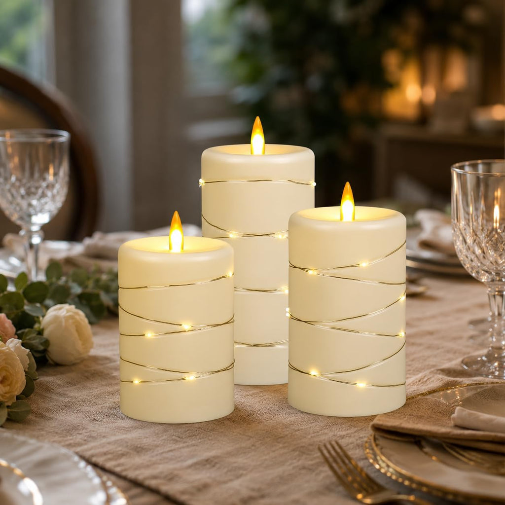 Upinmz Flickering Flameless Candles with String Lights, Battery Operated Candle, LED Pillar Fake Candle with Remote Control and Timer -3 Pack Ivory White