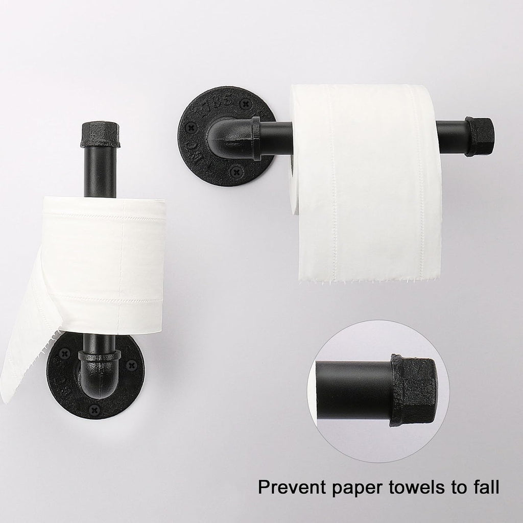 Industrial Pipe Toilet Paper Holder, Heavy Duty DIY Vintage Rustic Iron Farmhouse Style Roll Tissue Wall Mount Paper Holder Towel Racks with Hardware for Bathroom, Kitchen, Bedroom (1, Black)