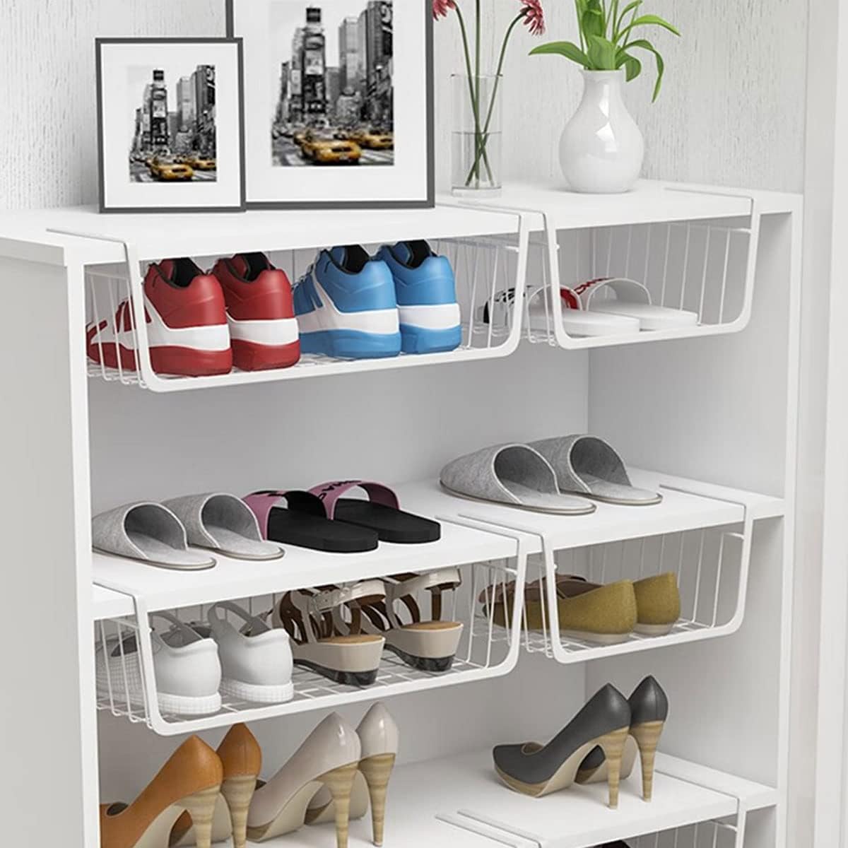 Under Shelf Storage Basket, Hanging shelf basket Slides Under Shelves for Storage Metal Under Cabinet Shelf Basket Organizer Space Saving for Kitchen Pantry Desk Bookshelf (White Pack of 2)
