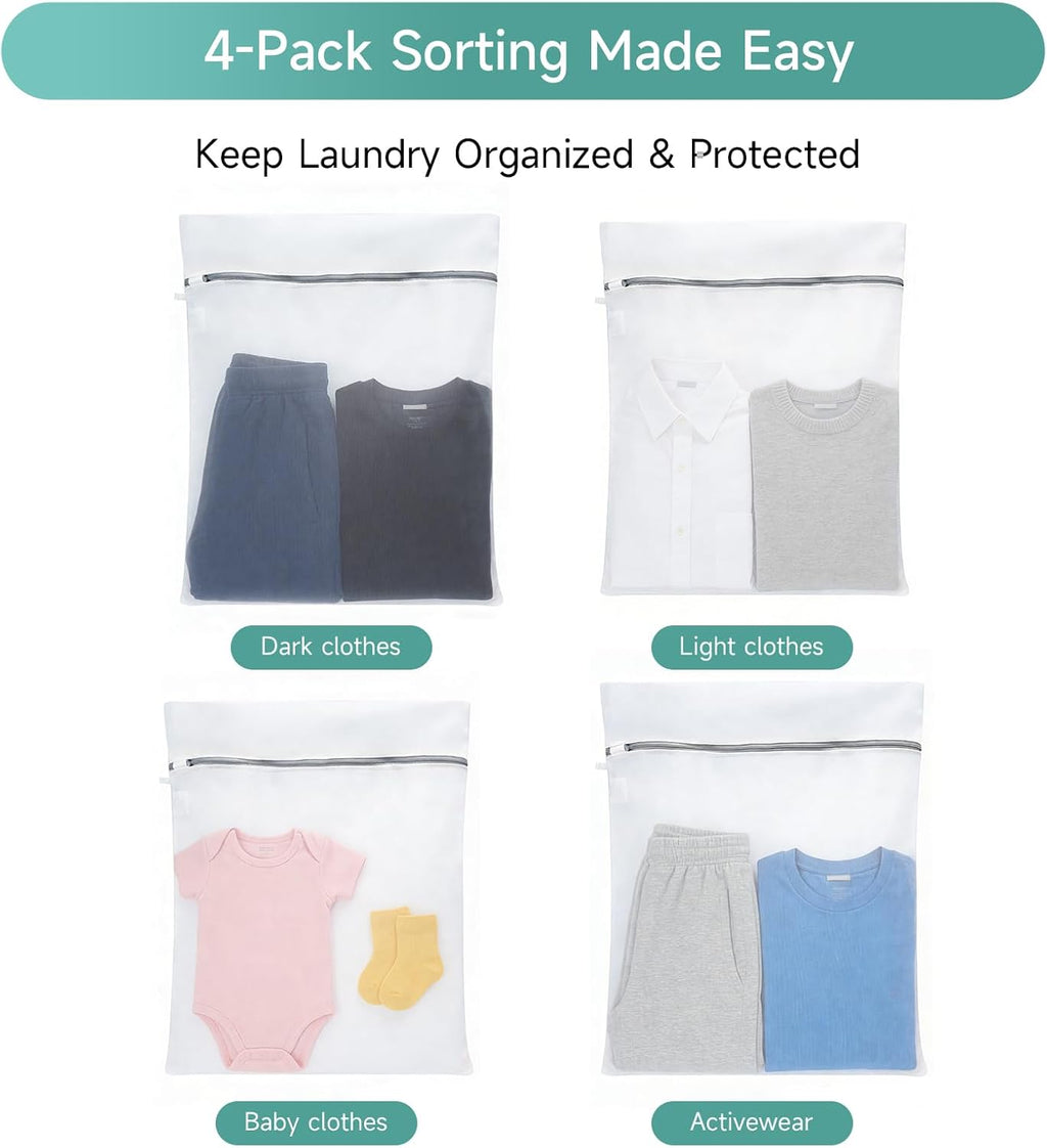 GOGOODA XL Mesh Laundry Bags, 4-Pack Large Wash Bags with Auto-Lock Zipper