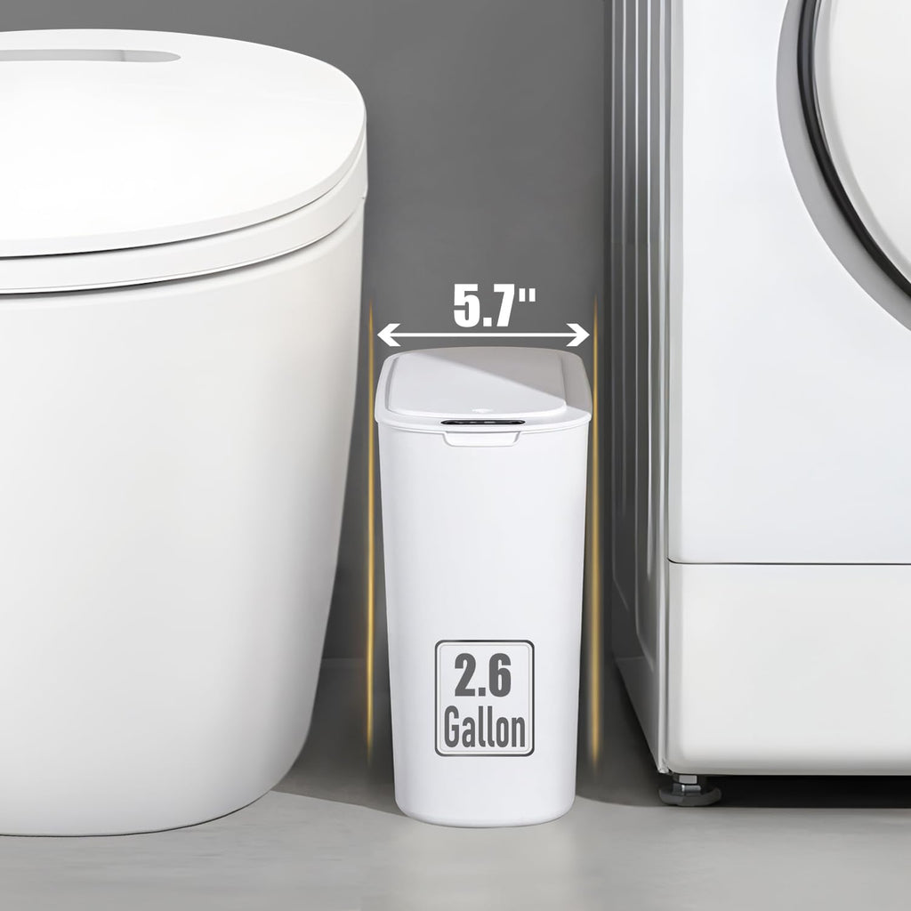 TIPGO Automatic Small Bathroom Trash Can with Lid, 2.6 Gallon, White