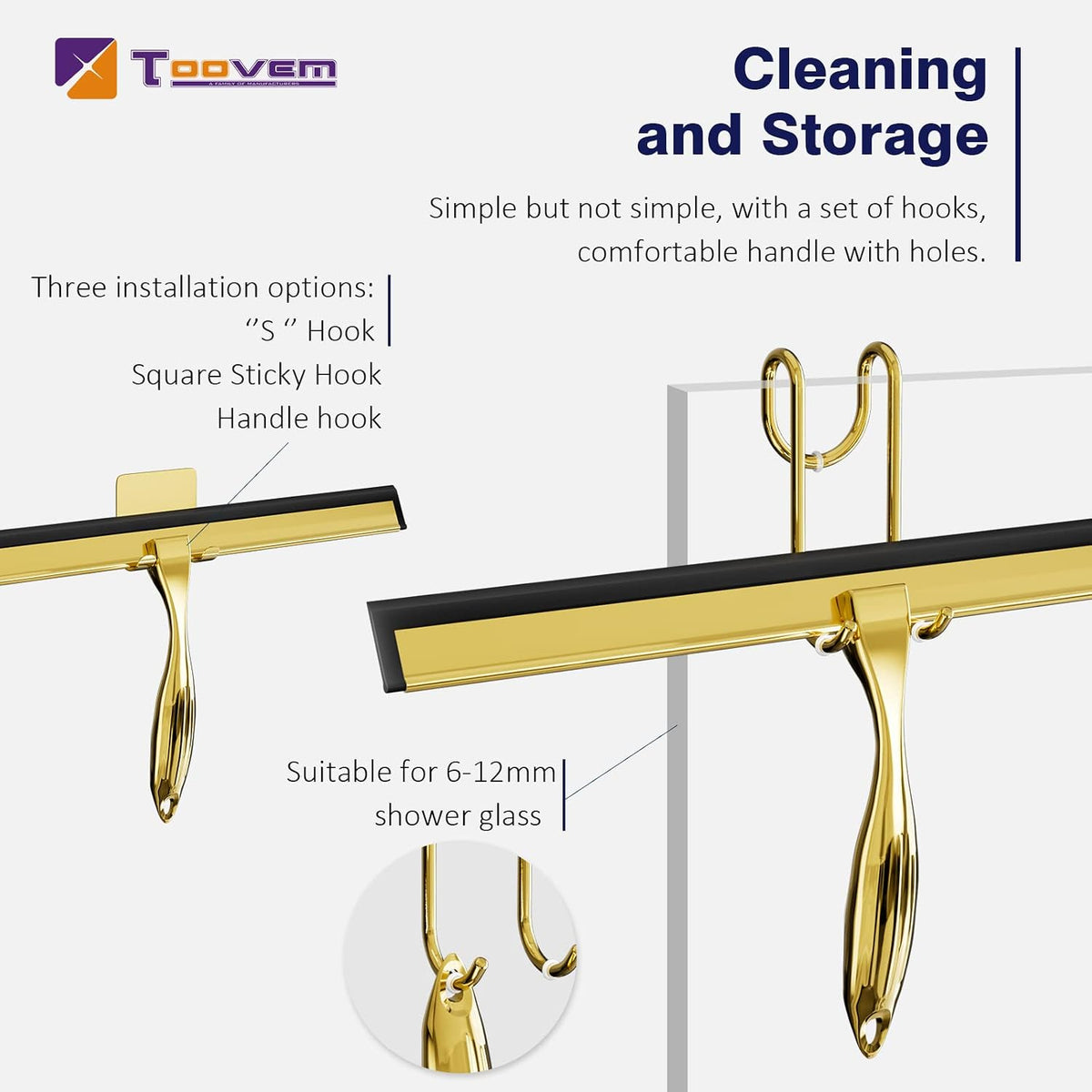 TOOVEM 14 Inch Shower Squeegee for Glass Doors, Window, Bathroom (Gold)
