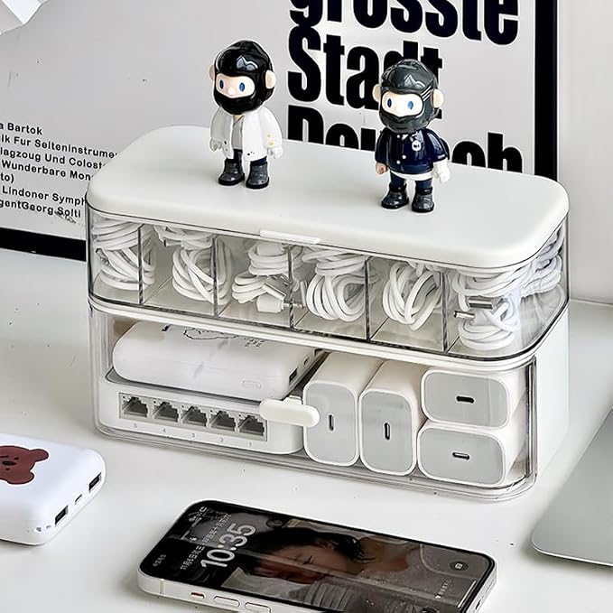 Cord Organizer Box with Lid, Stackable Cable & Charger Organizer, Clear Cable Management Box with 6 Compartment for Office, Desk, Drawer