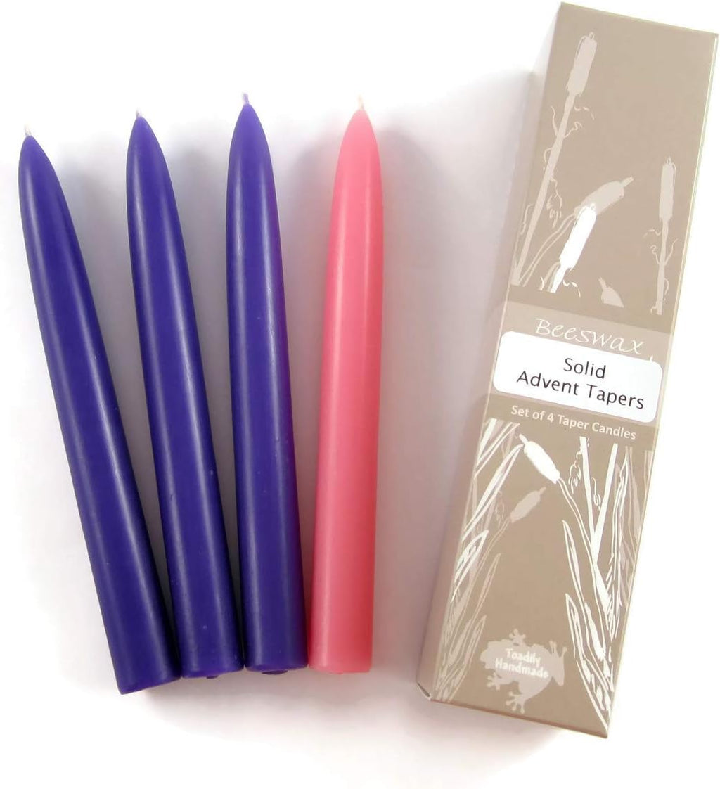 Set of Four 8" Tall Solid Advent Beeswax Taper Candles-Comes Packaged in an Attractive Gift Box-Each Candle Measures Approx. 8" Tall and 7/8" Wide and Will Burn for Approx. 8 Hours.-Made in the USA