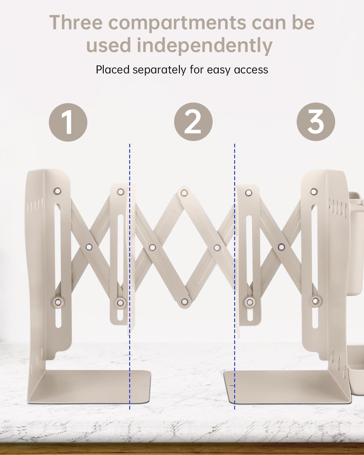 Honagu Adjustable Bookends, Metal Book Ends for Shelves Heavy Book, Bookend for Home, Office, Books, Papers, Book Stopper with Removable Hook, Pen Holder, Gifts for Students, Teachers（Milky White）