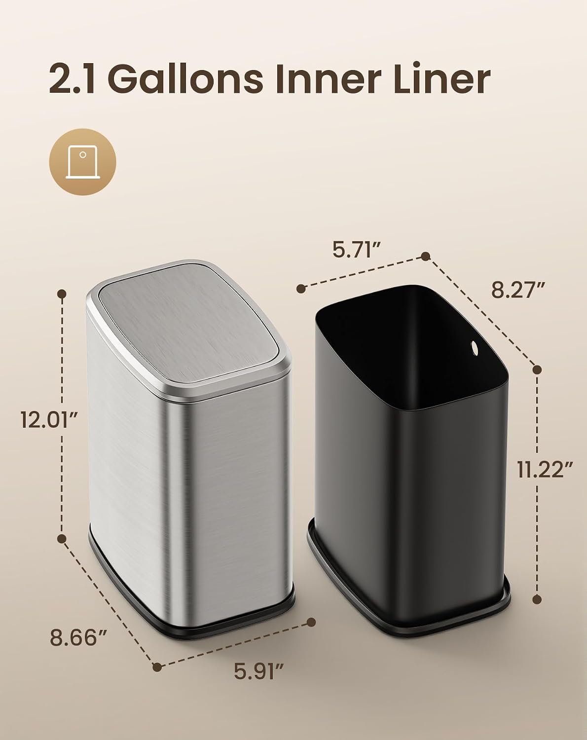 Cesun Small Bathroom Trash Can with Swing Lid, 2.1 Gallons, Silver