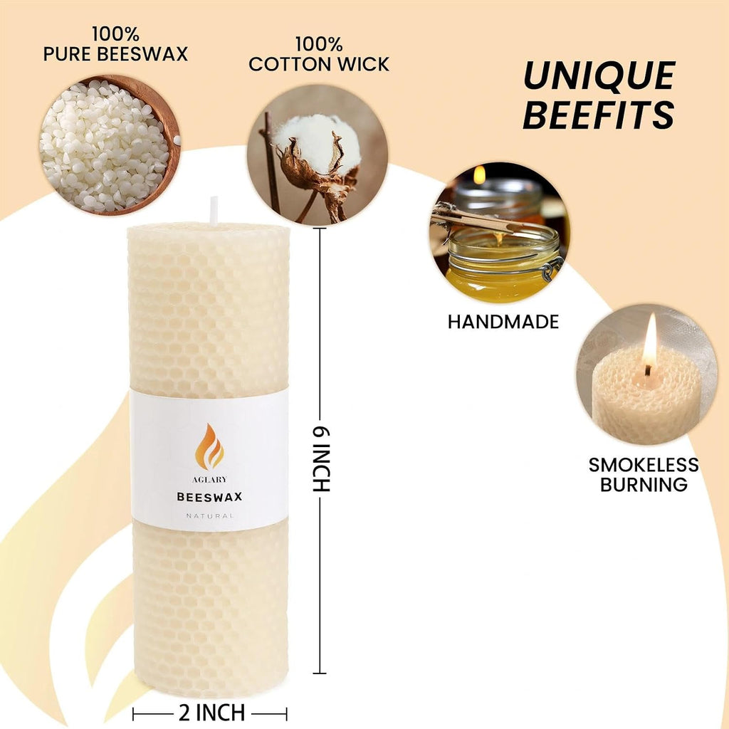 2PCS 2x6" Cream White Beeswax Pillar Candles, Hand-Rolled Honeycomb