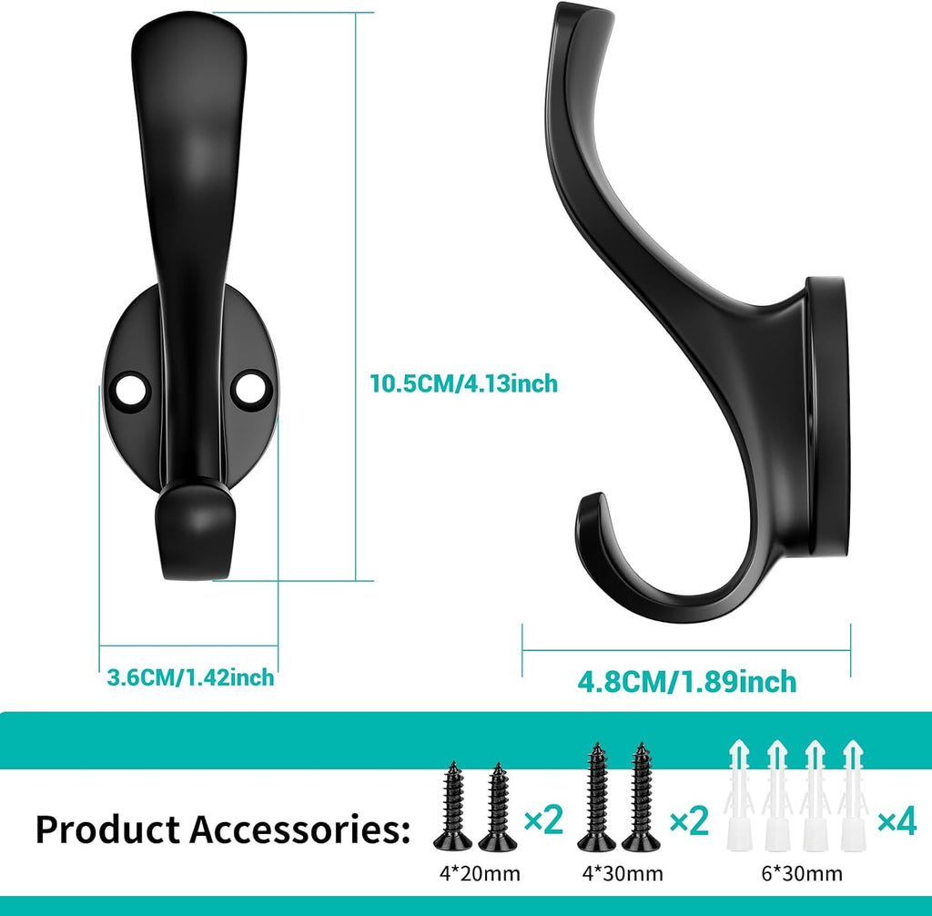 Coat Hooks Heavy Duty - Easy to Install Metal Towel Hooks Screw-in Wall Hooks for Hanging Hat, Towel, Key, Robe, Scarf, Bag, Cap (12, Black)