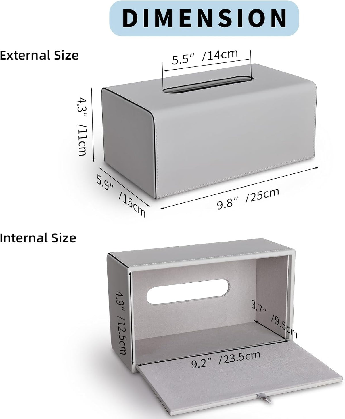 Tissue Box Cover, PU Leather Rectangular Tissue Box Holder with Magnetic Bottom Cover for Facial Tissues/Napkins, Office & Living Room Decor Box for Standard 120-count (3-Ply) 160-count (2-Ply) Gray