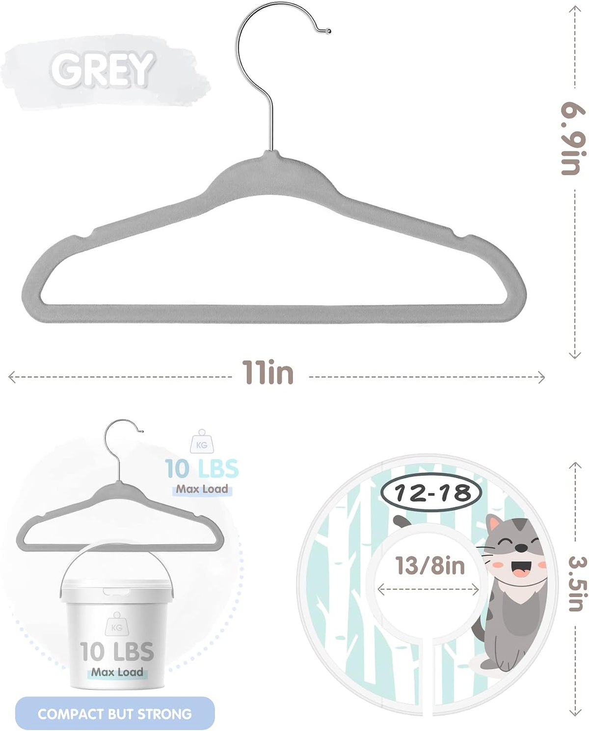 VIS'V Velvet Baby Hangers with 6 Pcs Size Dividers, 11 Inch, Gray, 30 Pcs