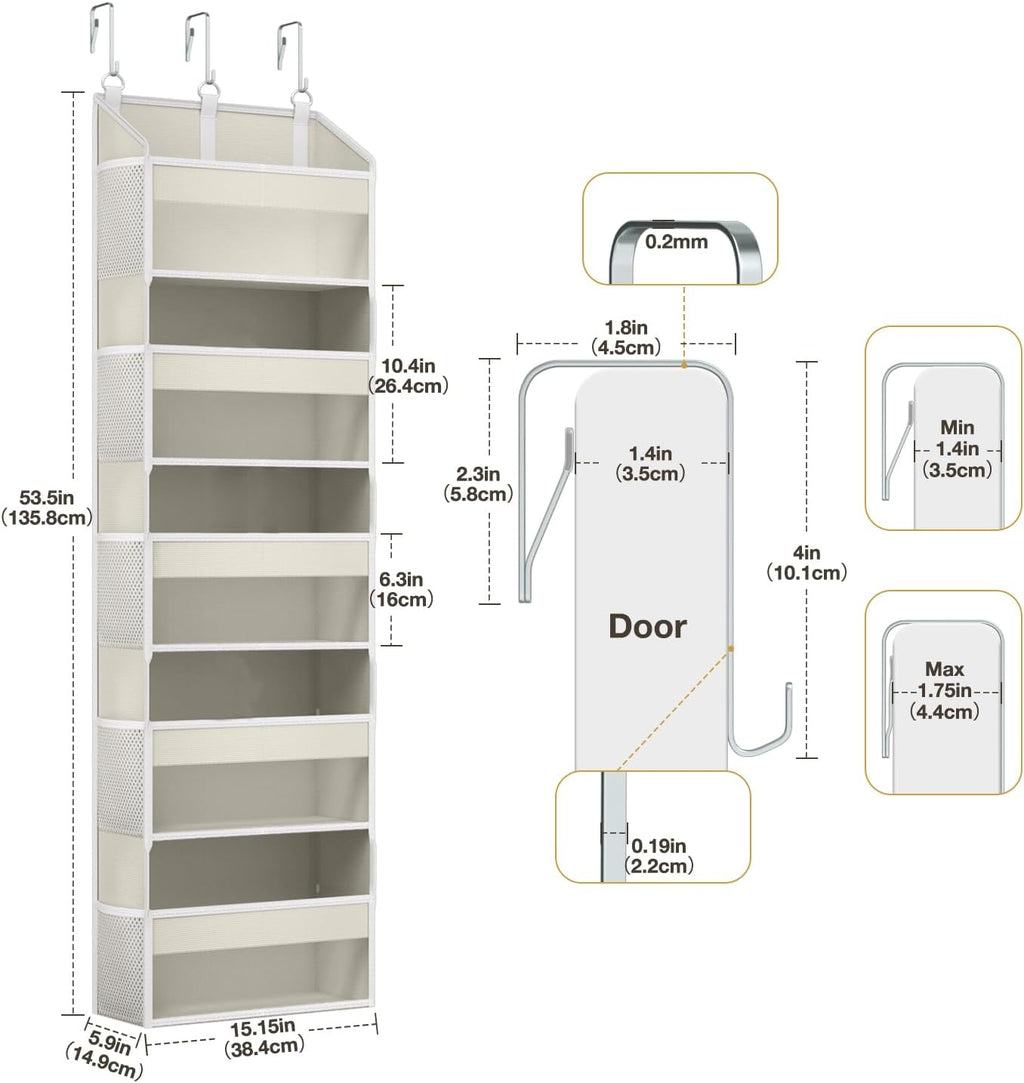 Over the Door Organizer Over the Door Shoe Organizer with 5 Front & 10 Mesh Side Pockets, Versatile 5 Shelf Hanging Holder 50lb Capacity Storage with 3 Hook for Closet, Kitchen, Pantry, Beige