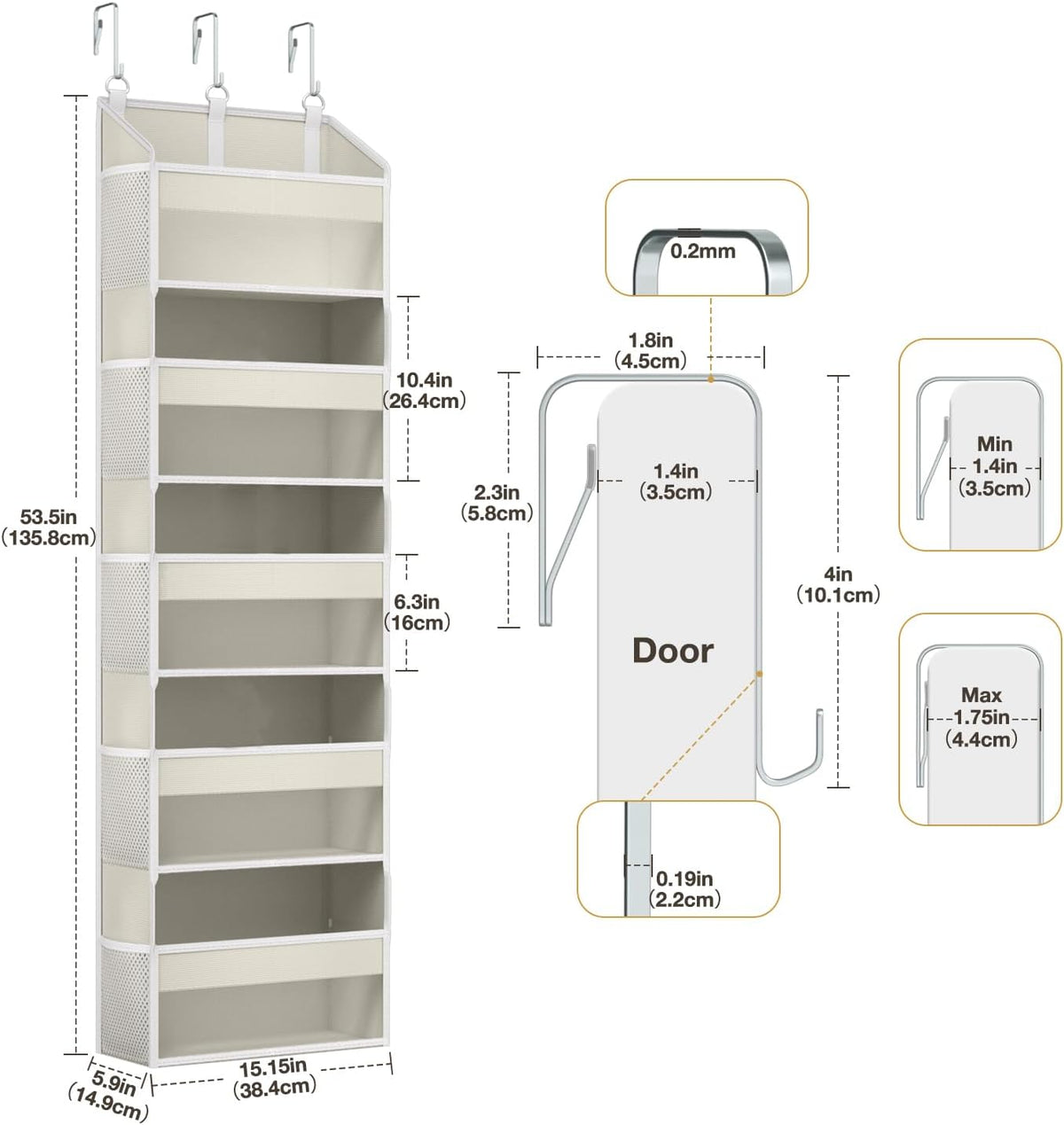 Over the Door Organizer Over the Door Shoe Organizer with 5 Front & 10 Mesh Side Pockets, Versatile 5 Shelf Hanging Holder 50lb Capacity Storage with 3 Hook for Closet, Kitchen, Pantry, Beige