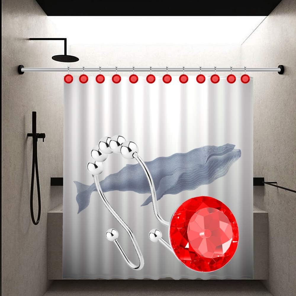 Shower Curtain Hooks Rings for Bathroom, 12PCS Double Hooks Glide Anti Rust Crystal Rhinestones Shower Curtain Rings Hangers for Shower Curtains, Clothing, Towels, etc. (Red)
