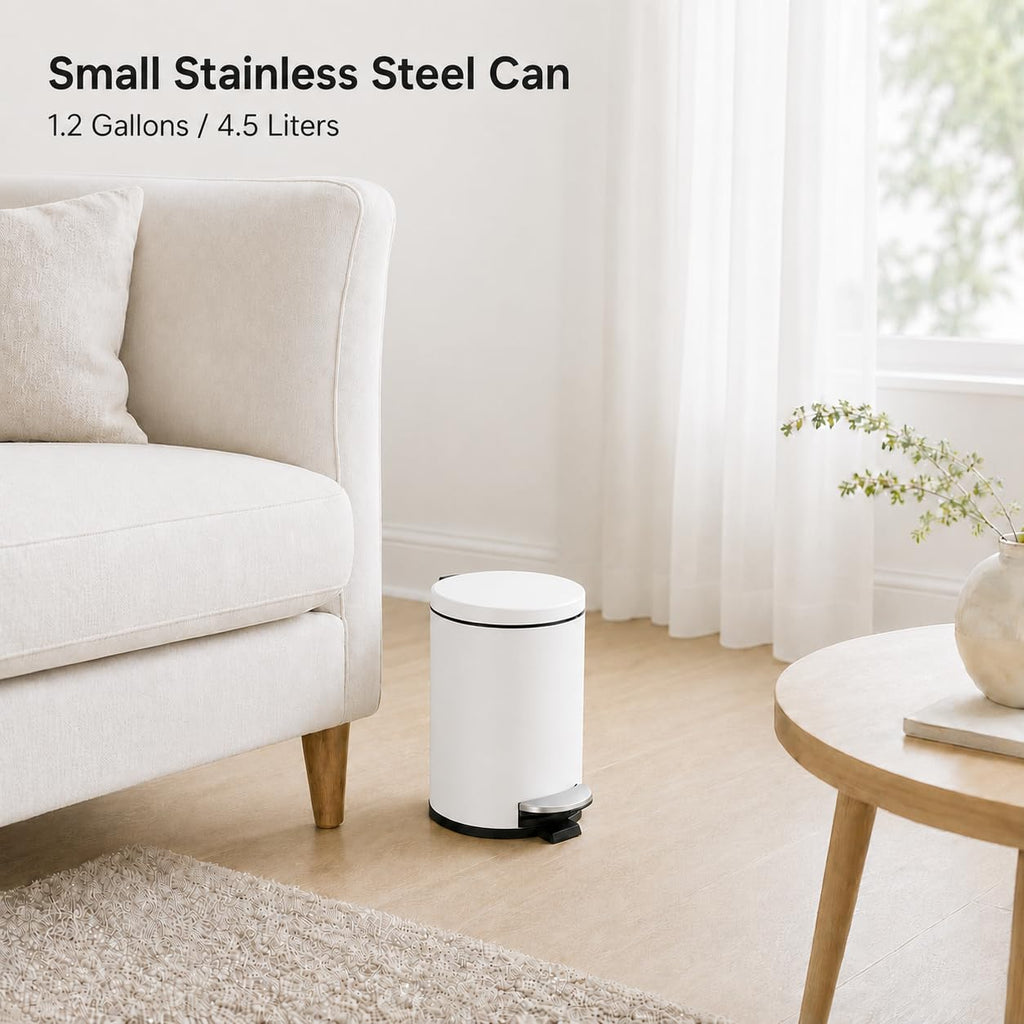 TIPGO Small Bathroom Trash Can with Lid Soft Close, 1.2 Gal, White
