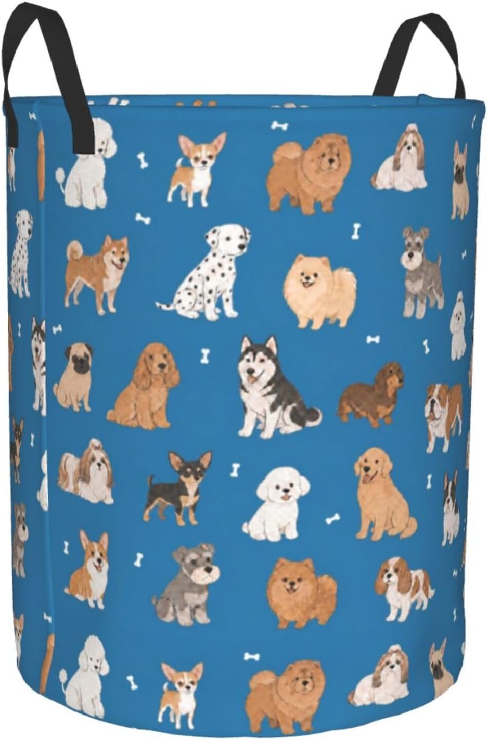 Cute Dog Animals Blue Round Laundry Hamper Storage Basket Toys Clothes Organizer Bin For Home Bathroom Bedroom Dorm Nursery, 38l