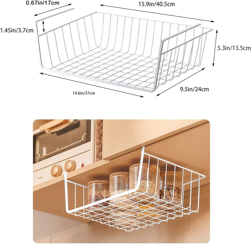 Under Shelf Storage Basket, Hanging shelf basket Slides Under Shelves for Storage Metal Under Cabinet Shelf Basket Organizer Space Saving for Kitchen Pantry Desk Bookshelf (White Pack of 2)