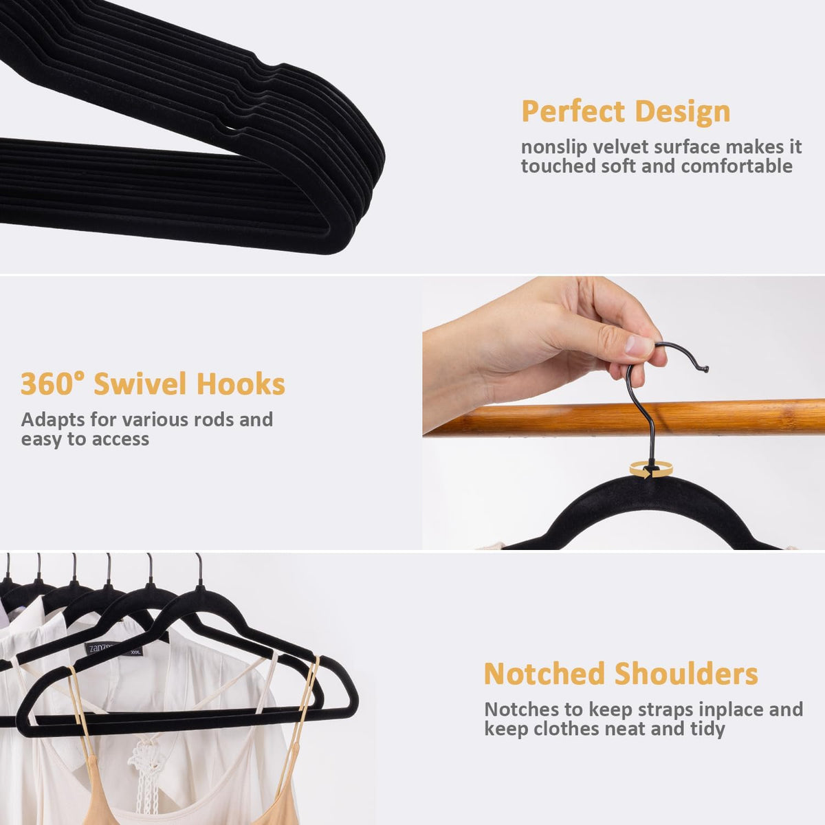 Black Velvet Clothes Hangers 60 Pack, Slim Space Saving Suit Hangers for Closet Organizer, 360° Rotating Black Hooks, Non Slip Clothes Felt Hangers Heavy Duty for Coats,Shirts, Pants, and Dress